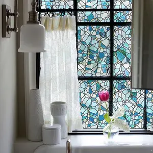 Hand-Drawn Stained Glass Window Film,  Double-Sided Static Cling Window Films Suitable for Entryway, Non-Adhesive Glass, 11.8"x118", Blue Cobblestones