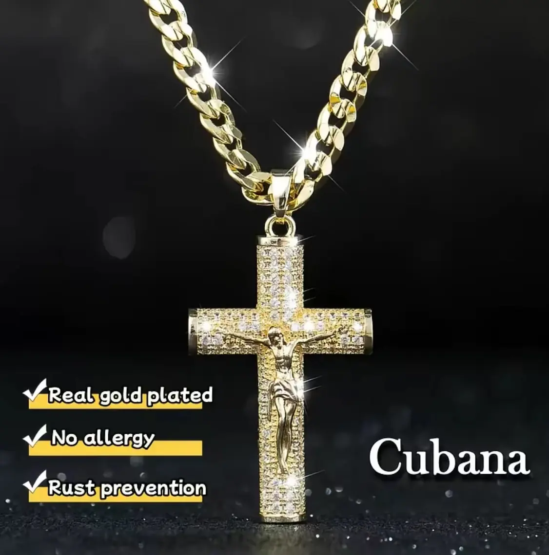 14k Gold-Plated Cuban Chain with Jesus Christ Crucifix, 24 inches Long and 3mm Wide necklace