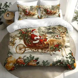 3-Piece Set (1 Duvet Cover + 2 Pillowcases, No Core), Santa Claus Reindeer Creative Christmas Floral Pattern Brushed Cotton Set, Soft Gift for Giving, Warm, Skin-Friendly, Breathable All-Season Bedding, Couples, Winbedroom chair decor halloween decoration