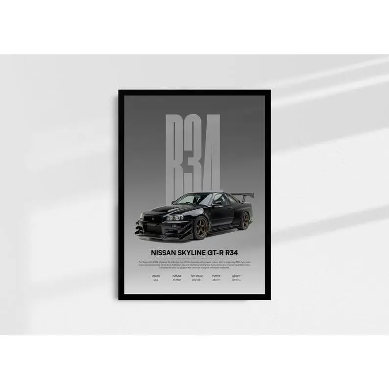 R34 JDM Poster | Automotive Wall Art | Skyline Car Print, Product without frame
