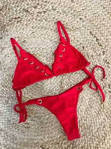 Women's Triangle Bikini Set with Buckle Eyelets, Fashionable Low-Waist Two-Piece Swimsuit, Casual Beachwear for Vacation & Spa, Beach Bikinis, Solid Bikini Set, Bikinis Sets