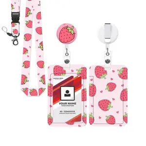 Women ID Badge Holder Set, Strawberry Lanyard & Card Case, Office Accessories, Business Namecard Protector, Nurse Gift, Personalized Lanyard, Nurse Badge Reel