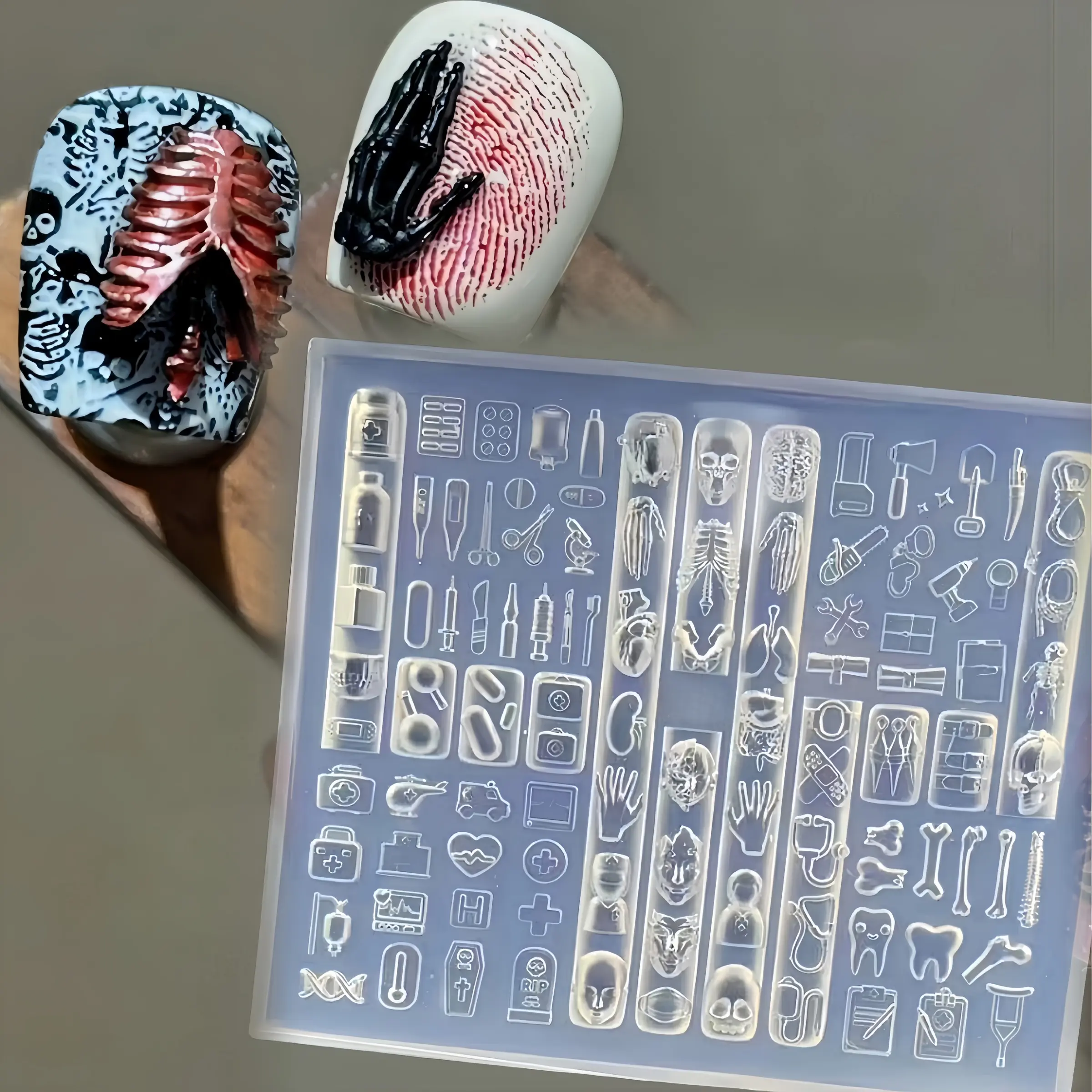 Silicone Nail Mold Skull Design, Silicone Material DIY Manicure Template for Dark Gothic Style, Professional Nail Art Tool for Beginners & Professionals, Nail Art Supply, Nail Products, Manicure Supplies, Nail Design Tools