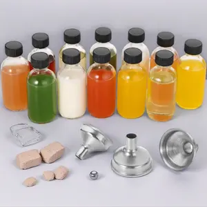 12 Pack, 2 oz Small Clear Glass Bottles w/Lid & 3 Funnels - 60ml Boston Shot Bottles for Health, Immunity, Potion, Wellness, Sample, Ginger, Juice - Mini Personal Care & Beauty Travel Bottle