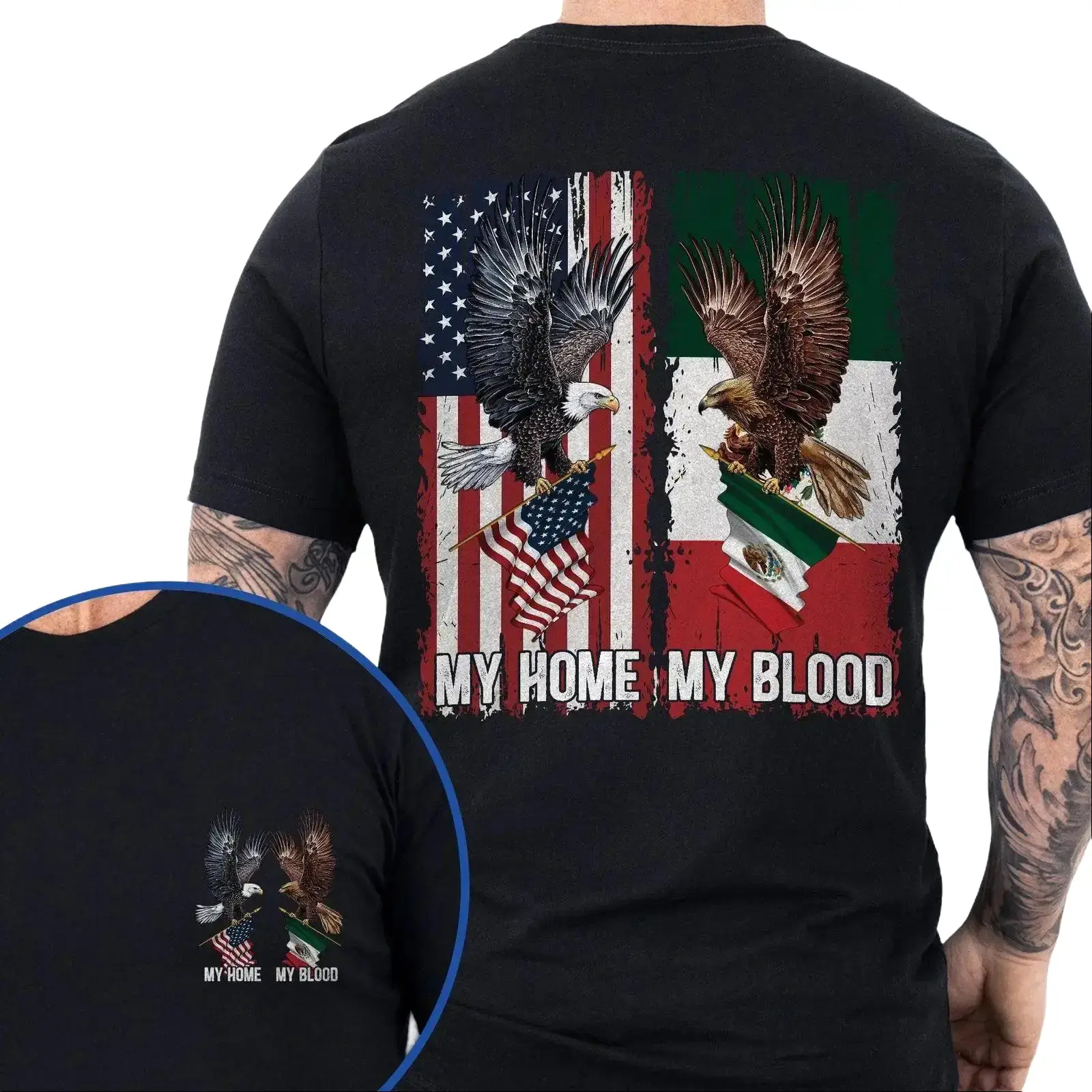 Mexican American Flag Eagle T-Shirt – "My Home, My Blood" Shirt for Men |   Mexico USA Heritage Tee, Latino Patriotic Shirt, Mexican Roots Shirt for Cinco de Mayo and Independence Day