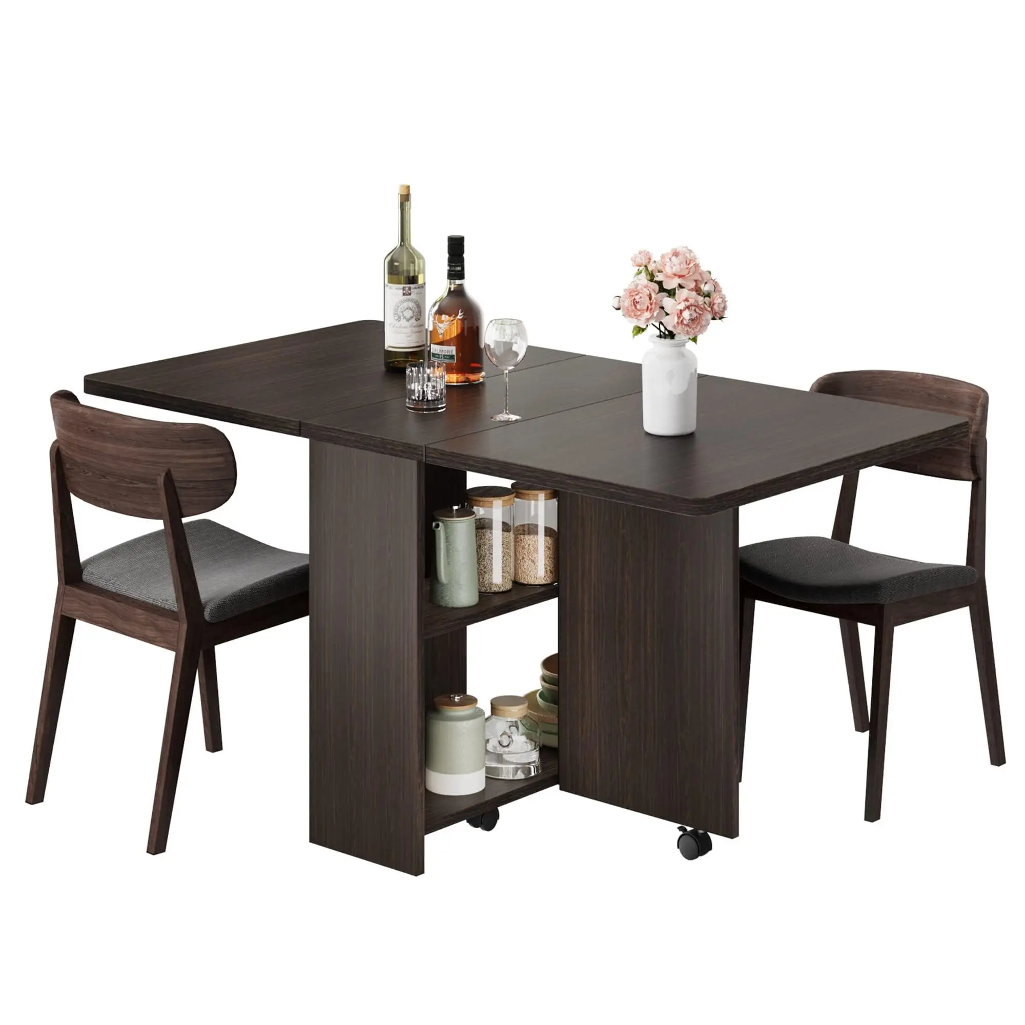 Folding Dining Table, Drop Leaf Dining Table for 4, Foldable Kitchen Table with 6 Wheels and 2 Storage Shelf, Space Saving Table with Drawer for Dinner, Kitchen, Dining Room