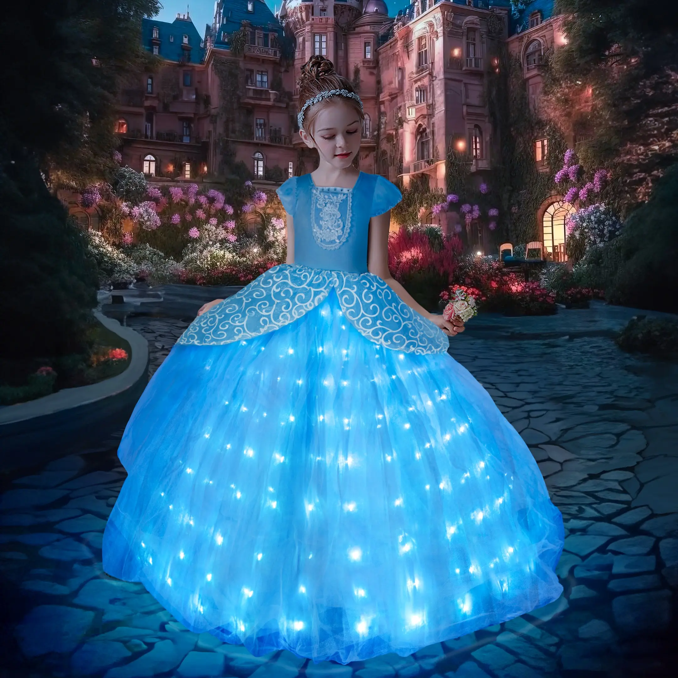 Girls' Light Up Princess Costume - Square Neck Cinderella Outfit with Velvet Bodice, Sparkly Layered Tulle Skirt & Acrylic Details for Halloween, Birthday Party, Girl Halloween Costume, 6-7 Costume Halloween