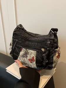 Retro artistic butterfly collage shoulder bag, multi zipper pocket design, niche personality daily casual crossbody bag, multifunctional popular Boho Style Crossbody bag, suitable for daily commuting, shopping, and photography