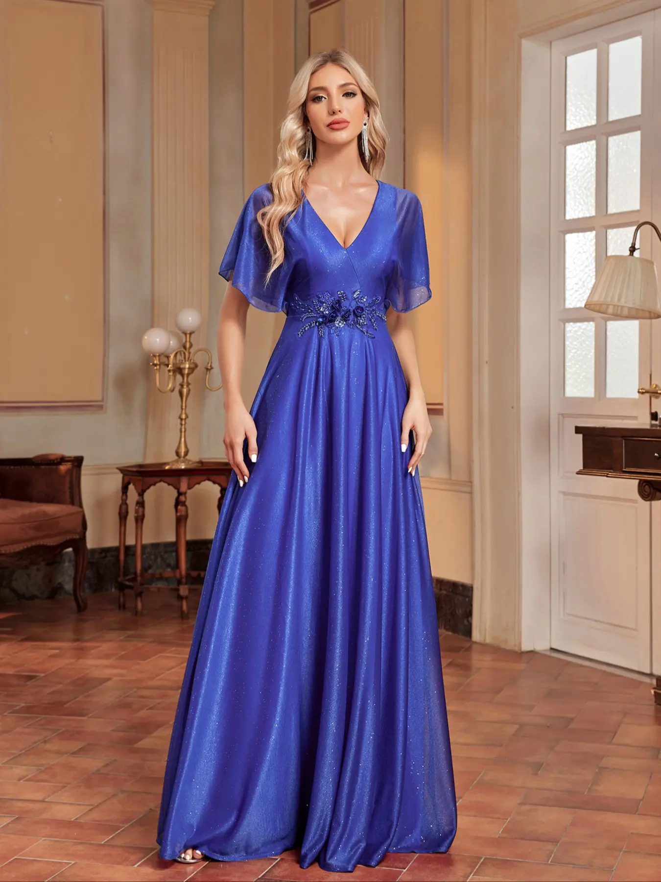 Elegant royal blue shiny V-neck Fitted formal evening dress women's short sleeve wide skirt bridesmaid dress party dress Formal Wear long dress Lady Formal Dresses Womenswear