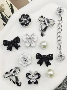 11PCS Black Silver Bowknot ABS Shoe Charms, Bling Shoe Charms Set, DIY Chains Decorations Rhinestone Butterfly Clog Shoes Accessories Flower Shoe Clips Fit Women Adult Bubble Slides Slippers Sandals Garden Shoes Xmas Halloween Birthday Party Decor Gifts