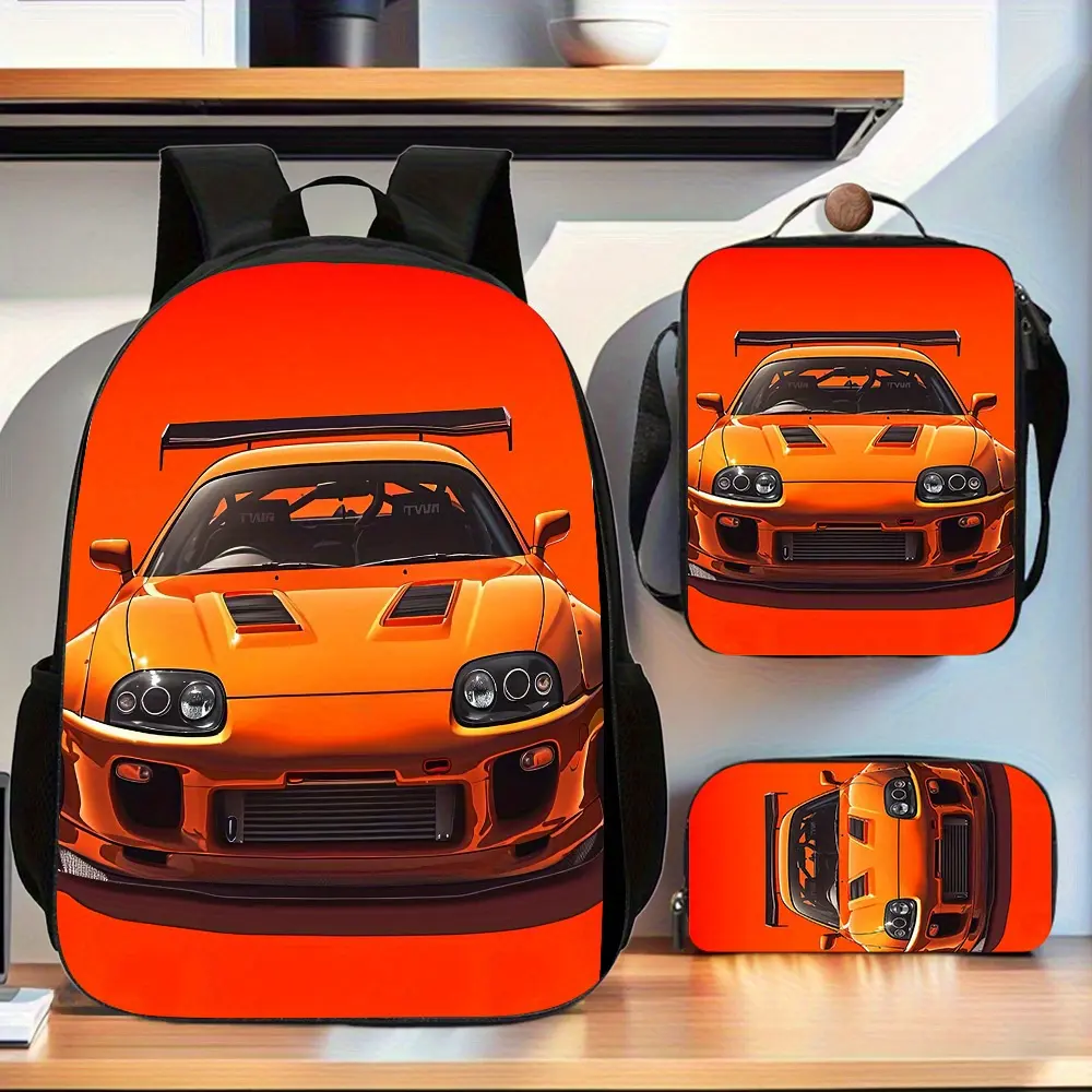 Orange Supra 3-Piece Backpack Set, Fast & Furious Print School Bag + Lunch Bag + Pencil Case, Oxford Cloth Adjustable Strap Daypack for Car Fans & Kids