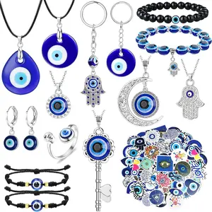 YADOCA 12/15Pcs Evil Eye Necklace, Bracelet, Earring, Ring, Keychain  Hamsa Hand Pendant - Turkish Protection Jewelry Set with 50Pcs Evil Eye Stickers