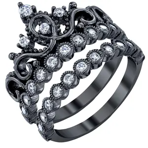 Guliette Verona Black Rhodium-plated Sterling Silver Princess Crown Ring and Band Set