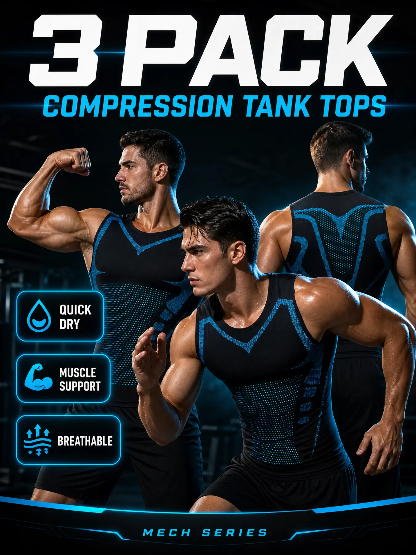 3 Pack Men's Sleeveless Compression Tank Tops, Breathable Quick Dry Athletic Muscle Shirts, Stretch Gym Workout Vest for Running, Basketball, Training Outdoor Sports Base Layer