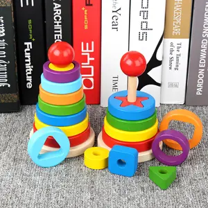 Same style wooden rainbow tower stacking blocks, children's educational shape matching tower toy
