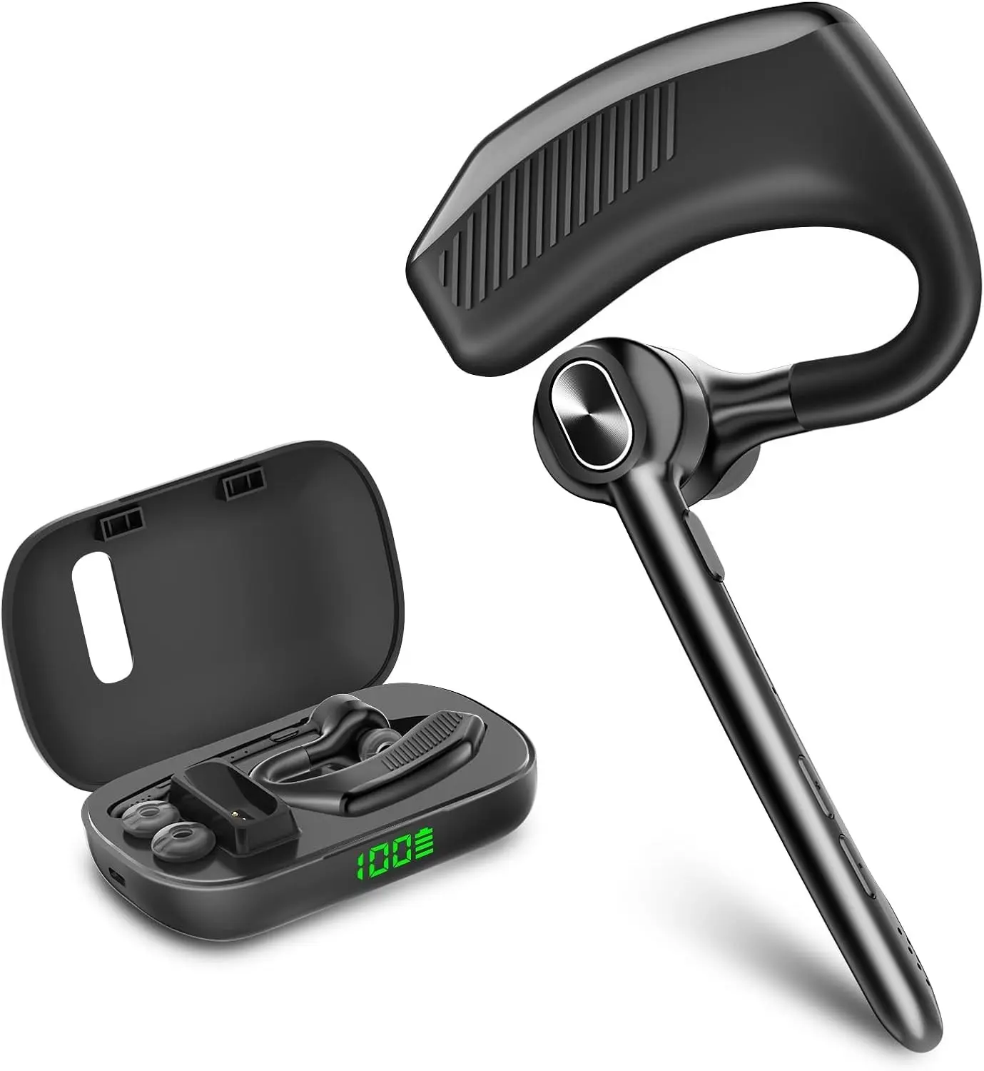 Bluetooth Wireless Single Ear Headset Earpiece with Microphone 180H Playtime 1000mAh Wireless Charging Case Handsfree LED Display for iPhone Android Cellphones PC Trucker Drivers Work Game