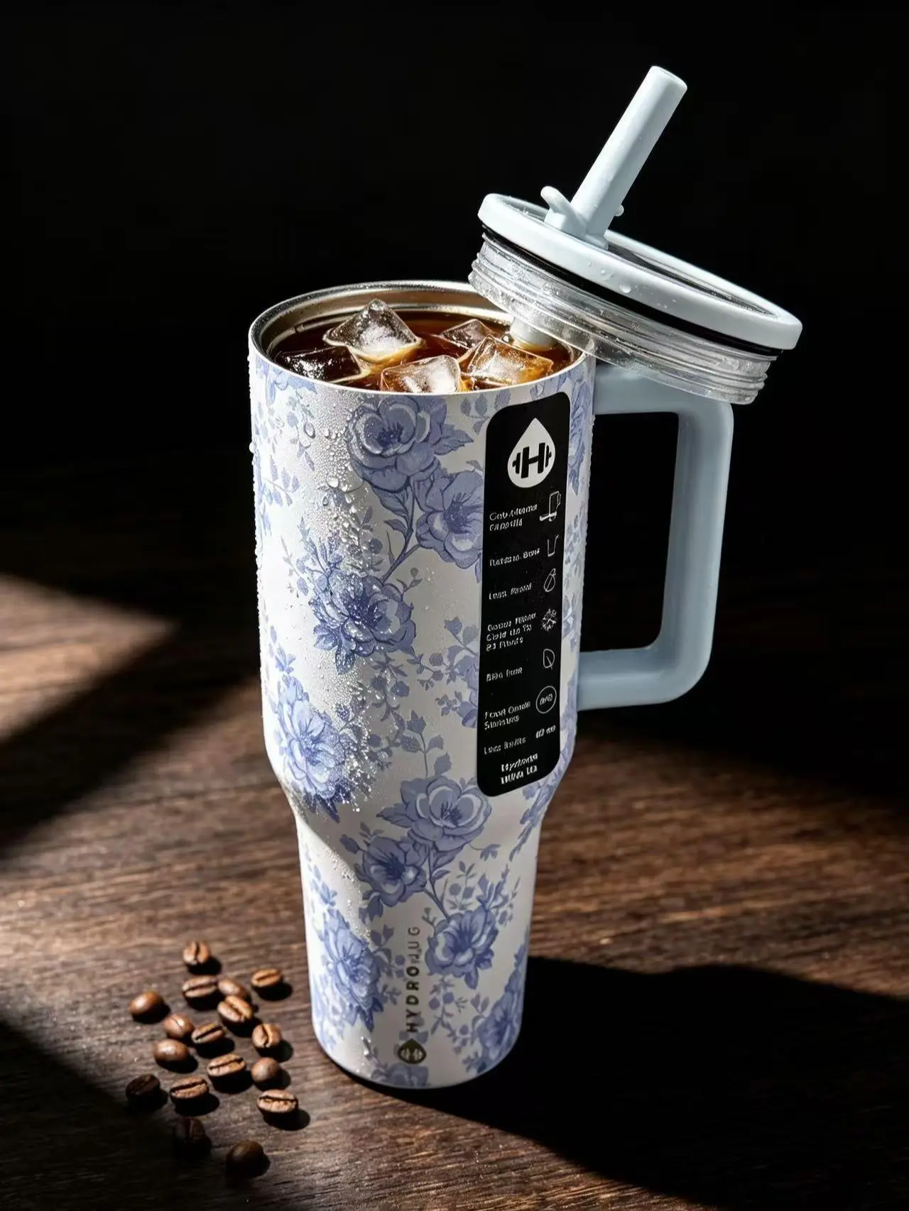 40 oz Insulated Light Blue Rose Floral Print Water Bottle with Handle, Flip Lid, Car Cup Holder Compatibility, Ideal for Office & Commuting Use, Reusable Washable Kitchenware Drinkware Tumbler Mug Portable Bottled Travel Tumbler Leakproof Travel Tumbler
