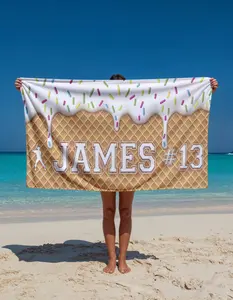 Personalized Ice Cream Waffle Beach Towel - Custom Name & Number Summer Gift - Soft Microfiber Sand-Free Towel for Kids & Adults