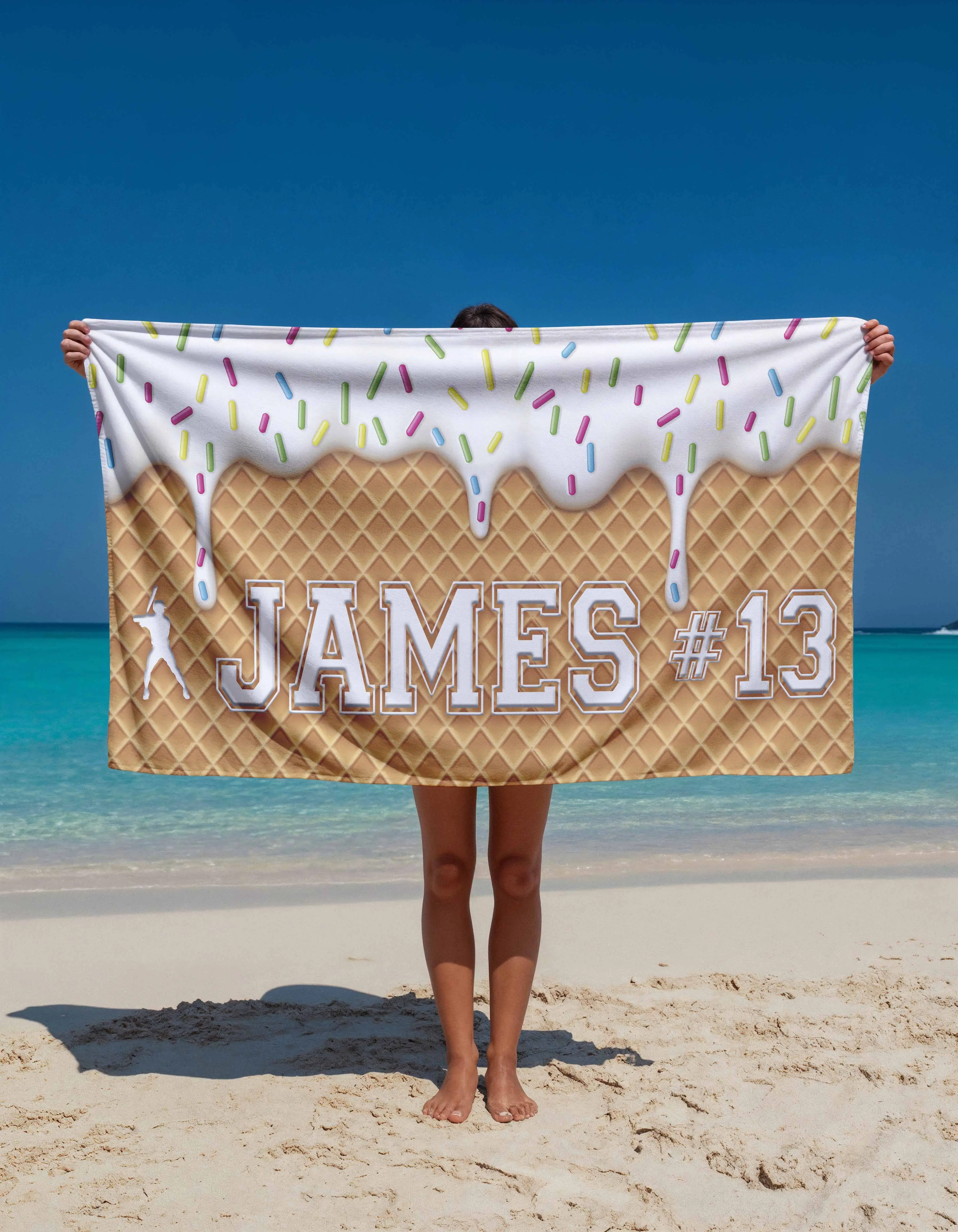 Personalized Ice Cream Waffle Beach Towel - Custom Name & Number Summer Gift - Soft Microfiber Sand-Free Towel for Kids & Adults