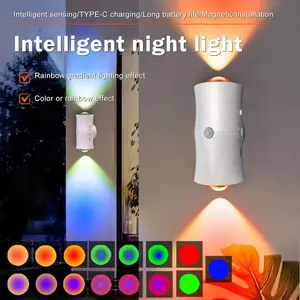 Smart LED Night Light with Motion Sensor, RGB Gradient Dimmable Wall Lamp, USB Rechargeable Indoor Ambient Lighting, Magnetic Step Lamp for Entryway, Bedside, Desk, Operated for Hallway Stairs Bedroom, Live streaming rooms, video shooting locations, lampu