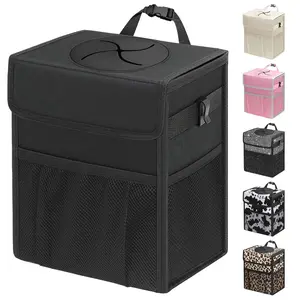 Capolo Car Trash Can with Lid, Leakproof Car Trash Bag Hanging Waterproof Automotive Garbage Can with Storage Pockets Mini Vehicle Trash Bin for Back/Front Seat(Black,2.5 Gallon)