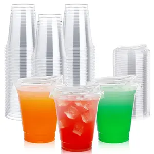 Bulk Plastic Cups with Direct- Lids  12oz/16oz/20oz  Disposable Coffee Protein Shake and Juice cup Cups Round Bases No Handles Portable Birthdays Wedding Parties| BPA Free PET Reusable Large party drink iced