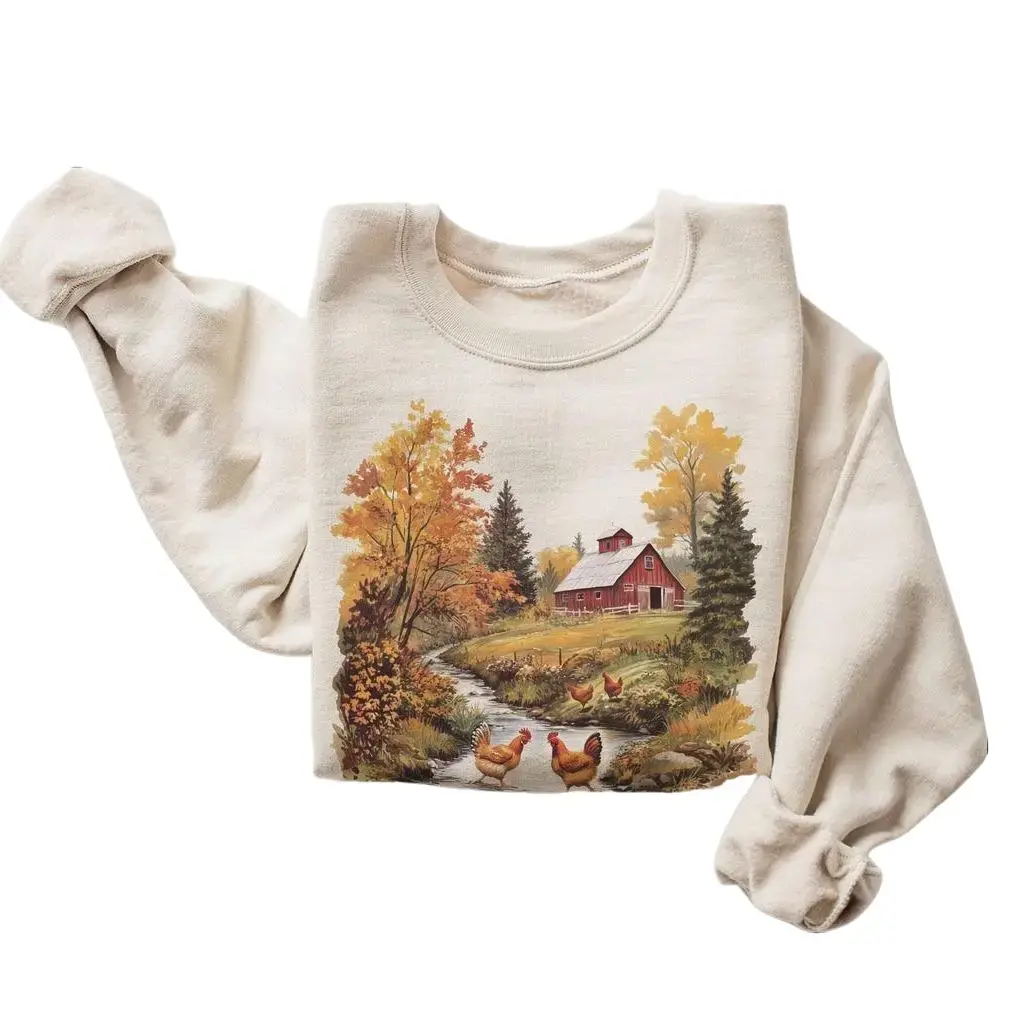 Retro Chickens and Red Barn Farm Fall Creek Scene Sweatshirt - 90's Vintage Backyard Chicken Farmer Pullover Cotton