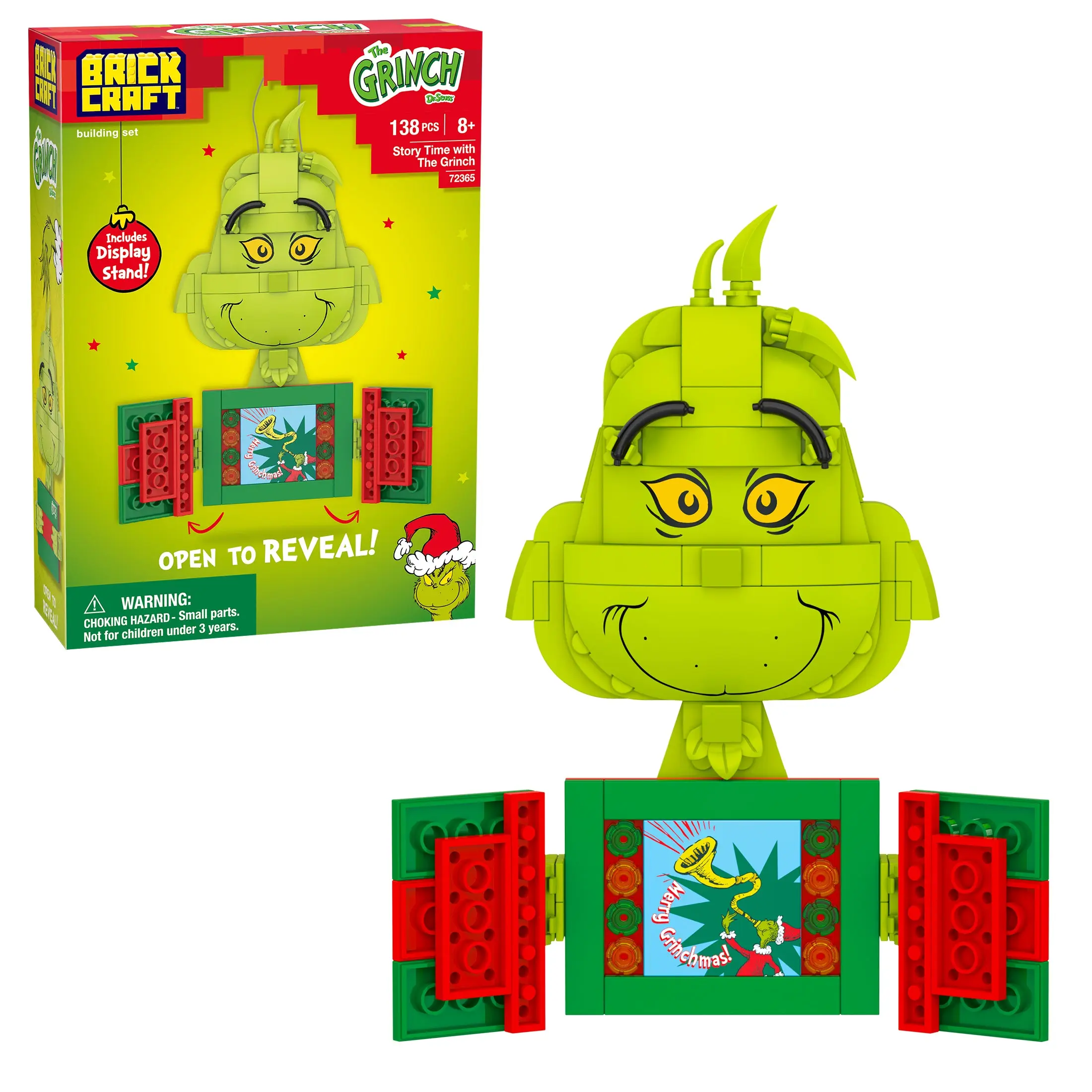 Brickcraft The Grinch Story Time Decoration Building Set, 138-Piece Christmas Ornament Collectible with Reveal Feature for Kids & Adults 8+