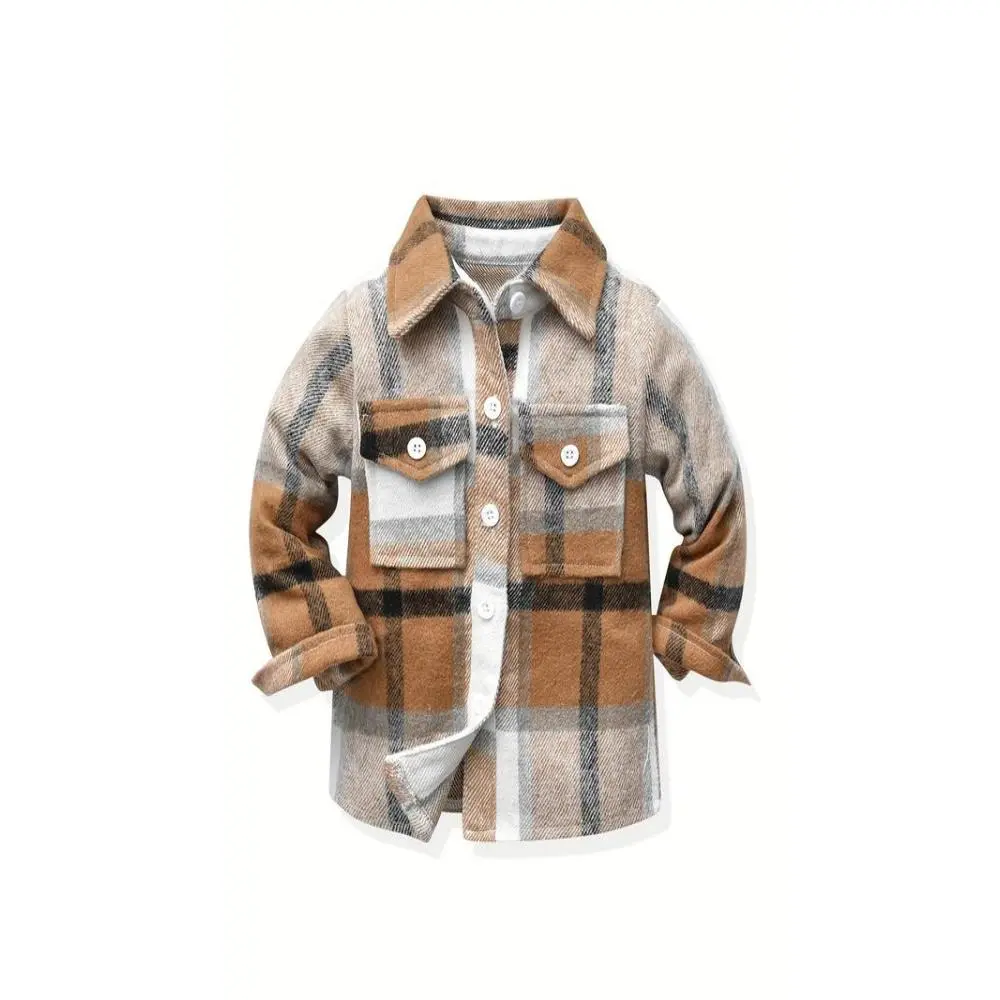 Boys' Preppy Plaid Casual Long-Sleeve Shirt - Cotton Blend Stretch Woven Fabric, Loose Fit, Lapel Collar, Button Placket, Fall/Winter Warm Kids' Casual Top, Casual Shirt