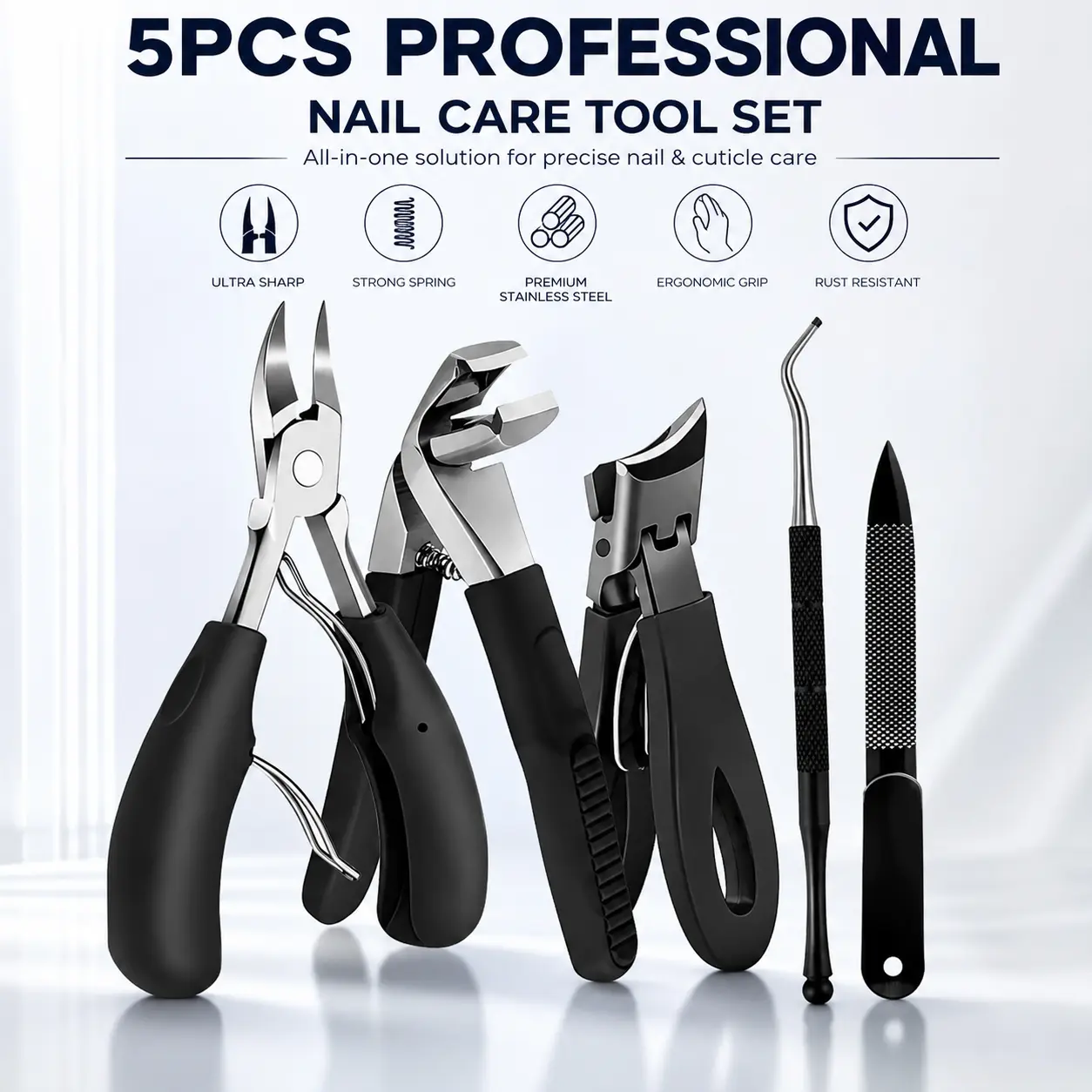 5PC Stainless Steel Heavy-Duty Ingrown Toenail Clipper Set, Nail Tech Supplies Multi-Item Kit Pedicure Tool with Ergonomic Black Handle for Professional Home Use Thick Hard Nail Care Modern Pedicure Tool