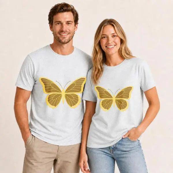 CARPESUN, Casual Style, T-Shirt, Yellow Butterfly Print, Soft Cotton Blend, Unisex Couple Wear, Single Pack