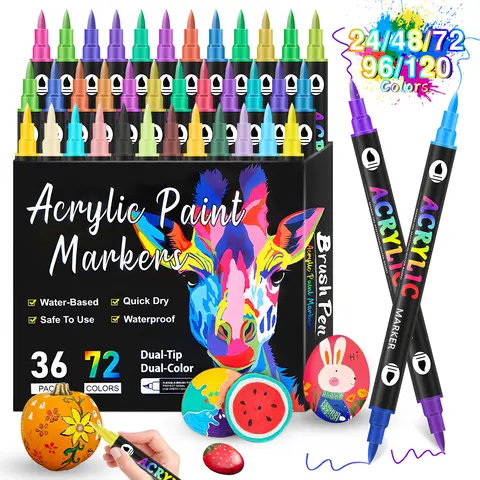 Dual-Tip Acrylic Art Markers Set - 24/48/72/96/120 Colors Fast-Dry Waterproof PP Plastic Dual Brush Markers, Fast-Dry Acrylic Drawing Tools for Paint Projects Home Decor, Office Stationery Craft Supplies,techvibes