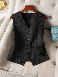Women's Floral Jacquard Button Front Fitted Vneck Vest Blazer Waistcoat, Elegant Minimalist Fake Pocket Decor Sleeveless Outerwear for Work Office Business Formal Wear, Ladies Fall & Winter Clothes Womenswear