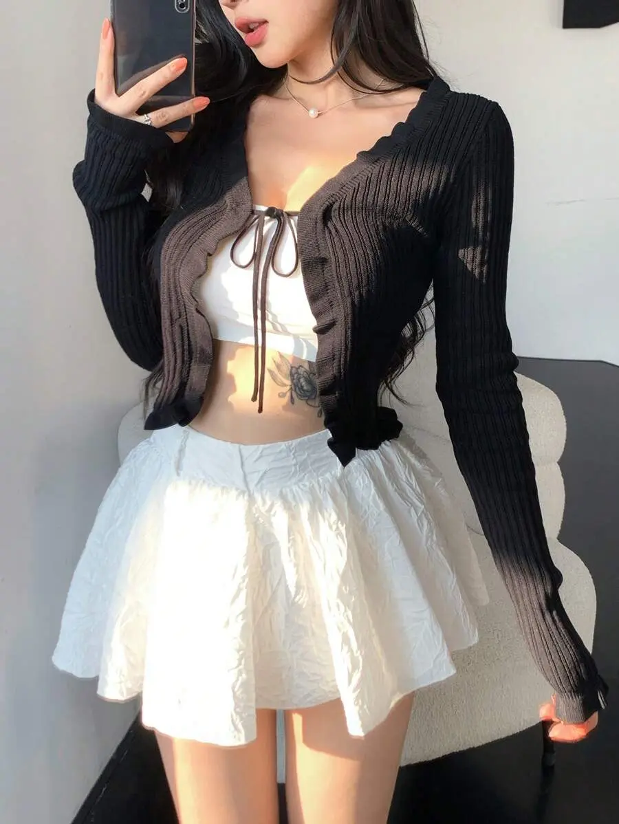 LUNA LAYER Womens Short Ruffle Patchwork Cardigan Drawstring Tie Slim Fit Crop Top
