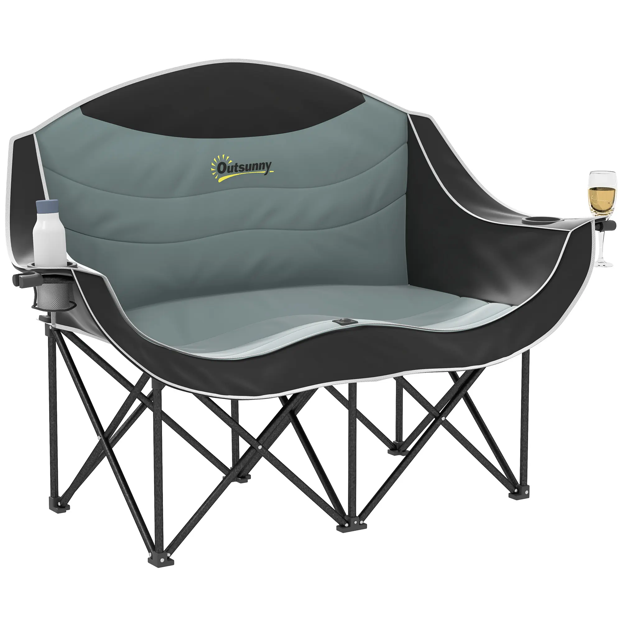 Outsunny Double Camping Chair for Adults, Padded Folding Camp Chair for 2 Person with Armrest, Wine Glass Holder, Cup Holder, Carry Bag for Outdoor Sports, Picnics, Supports up to 551 lbs., Black