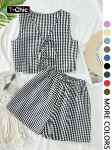 2-piece plaid striped sleeveless crop vest top and high-waisted loose shorts women's casual Summer suit Womenswear