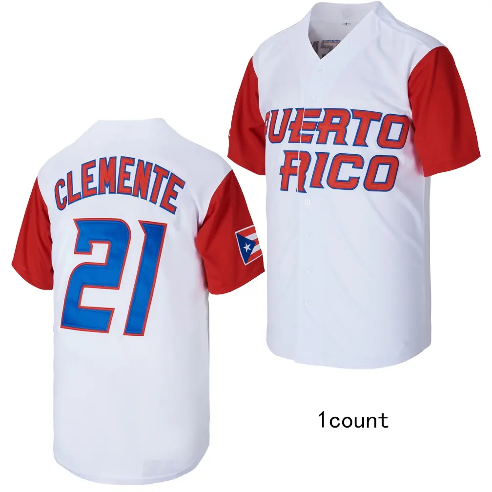 Men's V-Neck Baseball Jersey, Embroidered Puerto Rico #21 Clemente Athletic Sports Top, Breathable Polyester for Outdoor Wear, Sports Wear, Embroidered Jerseys, Outdoor Sports Top