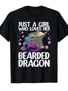 Men'S & Women'S Bearded Dragon Graphic T-Shirt - 220gsm Heavyweight Retro Reptile Lover Tee with "Just a Who Loves Her Bearded Dragon" Slogan Lizard Art & Pink Hearts - All-Season Casual Round Neck Shirt for Bearded Dragon Owners