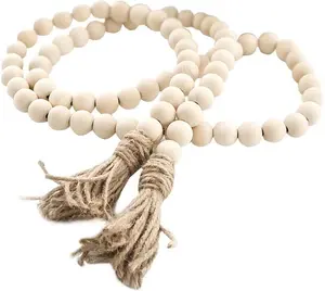Farmhouse Beads 58in Wood  Bead Garland with Tassels Rustic Country Decor Prayer Boho Beads Big Wall Hanging Decor