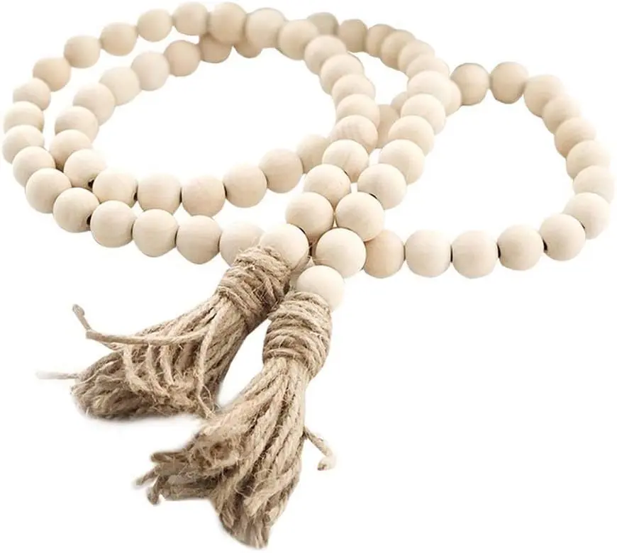 Farmhouse Beads 58in Wood  Bead Garland with Tassels Rustic Country Decor Prayer Boho Beads Big Wall Hanging Decor