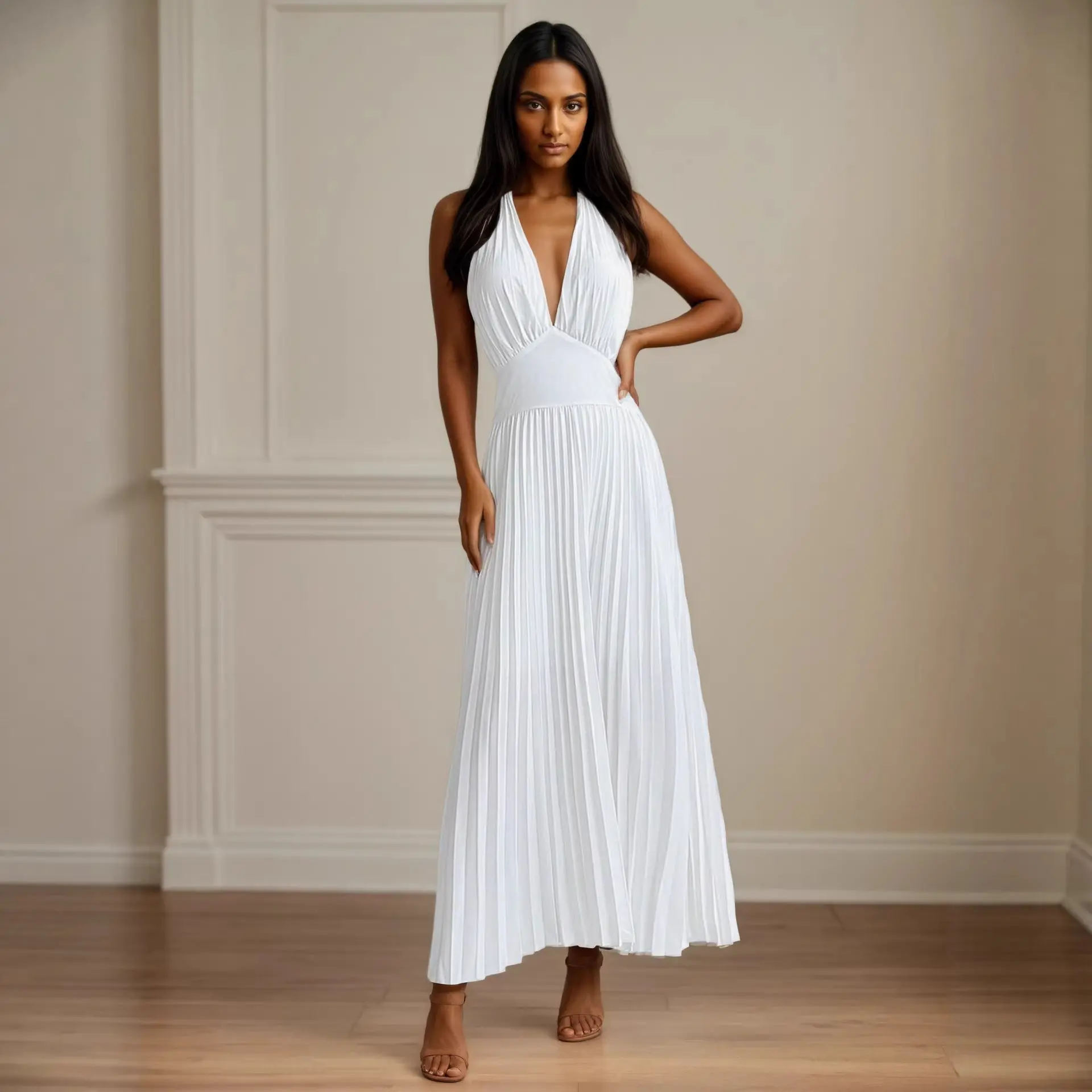 The Santorini White Halter Pleated Maxi Dress