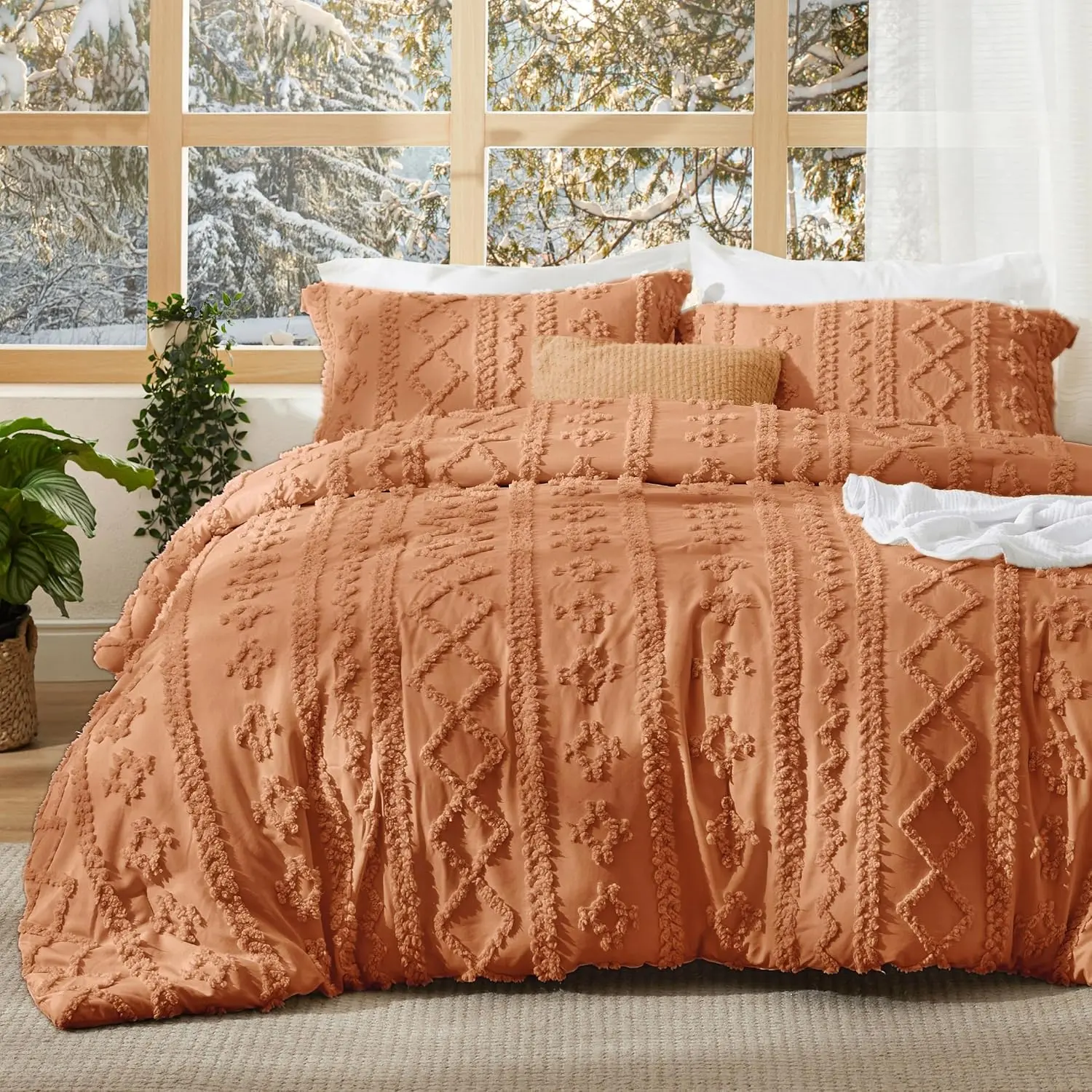 Full Size Khaki Tufted Boho Comforter - OEKO-TEX Certified, Farmhouse Embroidery, Soft Cover, All Season Bedding, Boho Chic Duvets, Jacquard Design, Women's Must-Have Gift Bedding,back to school,back to school shopping,home decor
