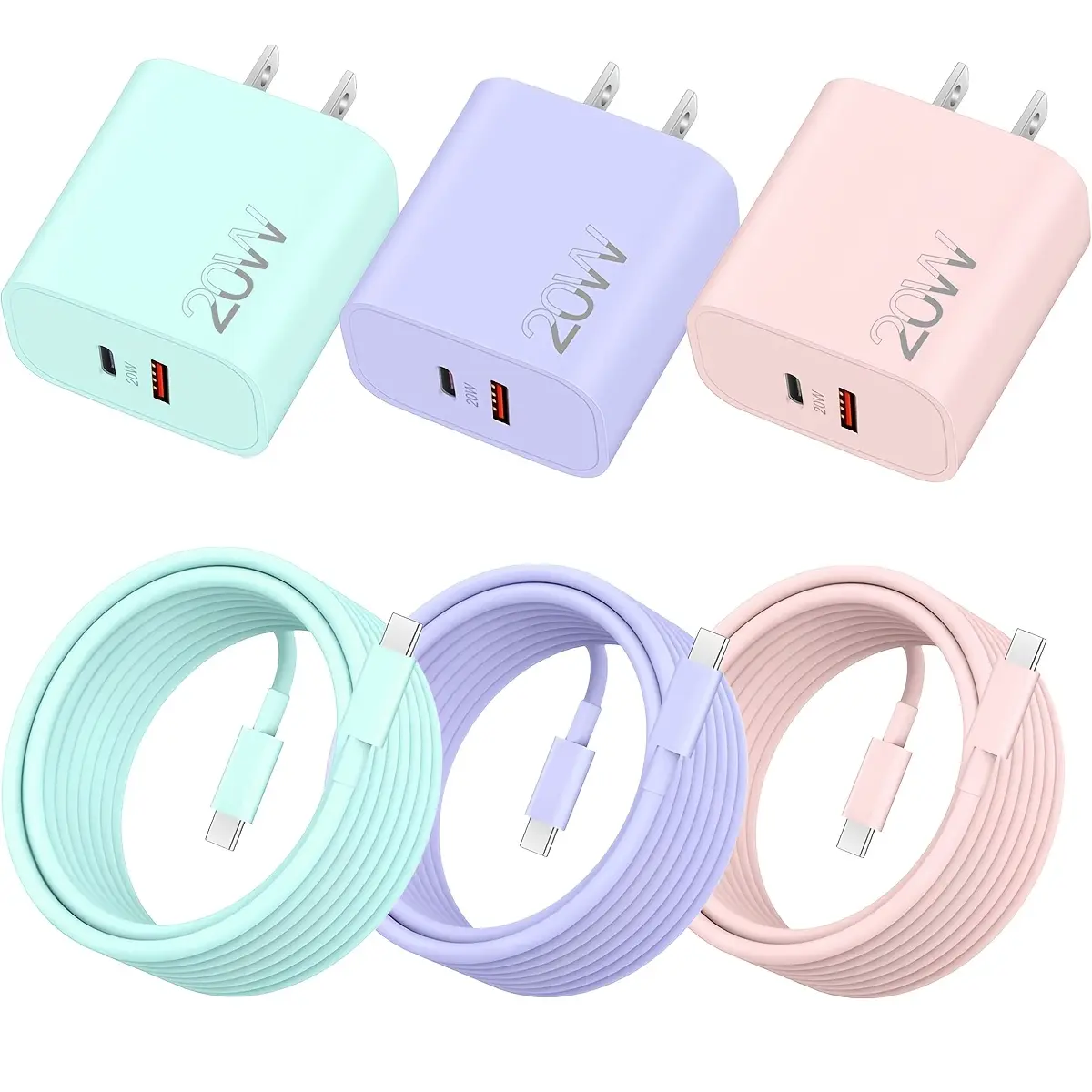 Dual Port Wall Charger (20W USB-C, 18W USB-A) with 6.6FT Cable for iPhone 17/16/15, Samsung Galaxy, iPad, Smartphone, Cellphone, Electronic Devices (1/2/3-Pack), Mobile, Charging