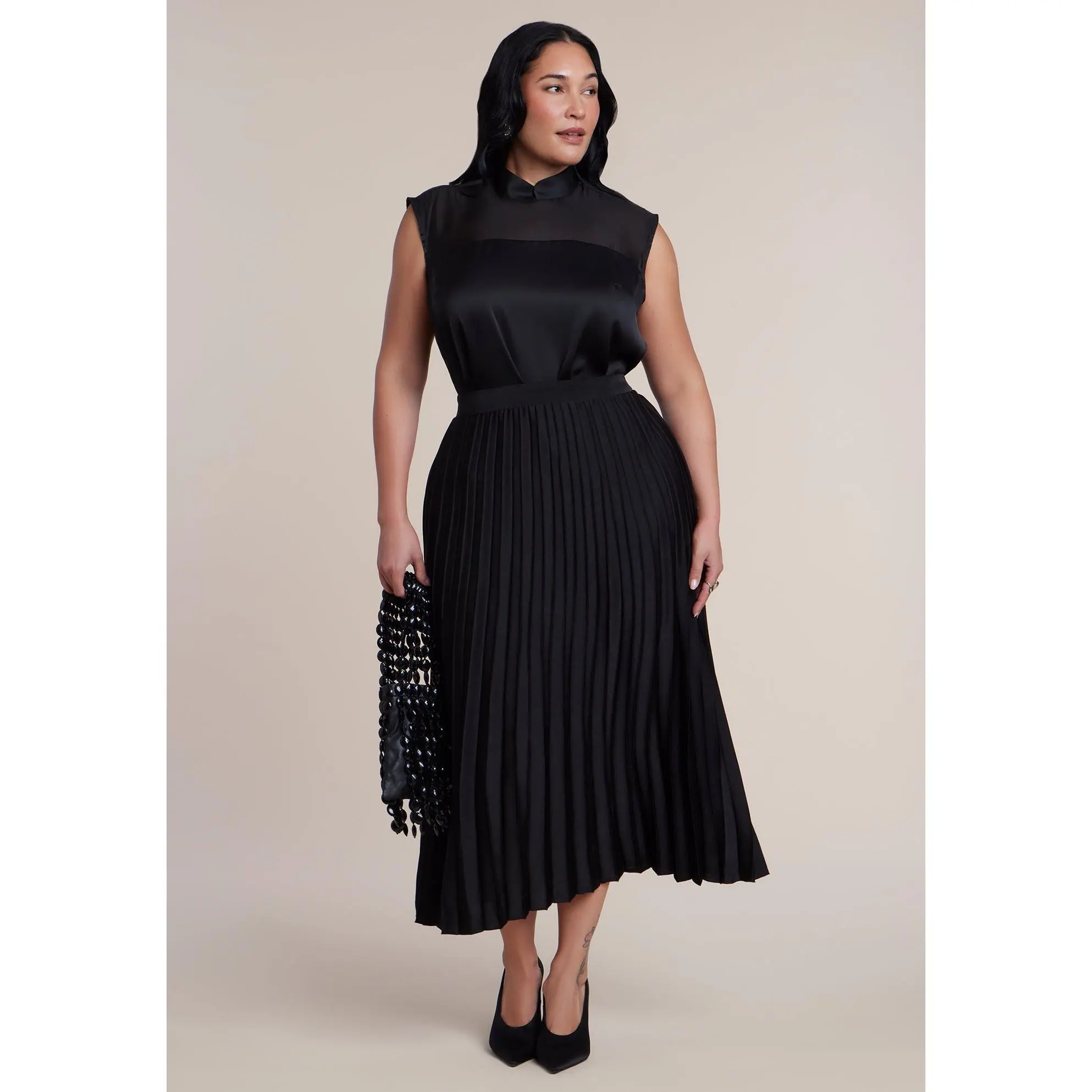 ELOQUII Women's Plus Size Pleated Satin Midi Skirt