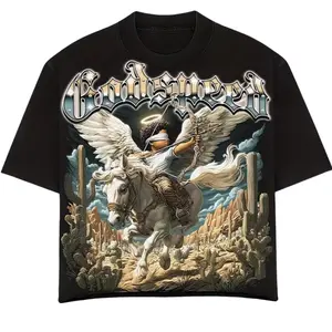 God speed Graphic T-Shirt | Boxy Fit Streetwear | Vintage Angel Horse Tee | Men’s Desert Aesthetic Top