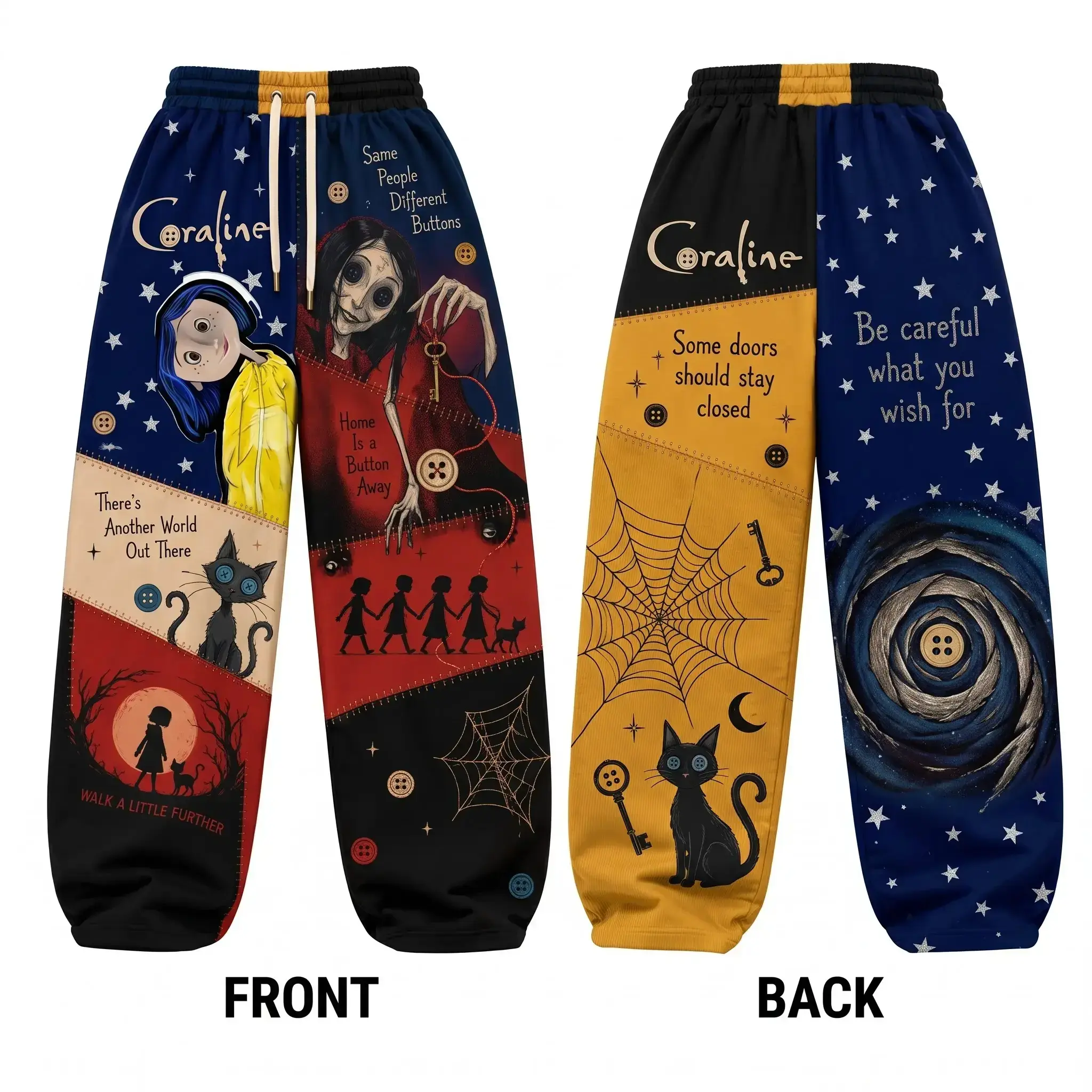 Horror Caroline Girl Spooky Button Graphic Sweatpants, Horror Patchwork Wide Leg Jogger Pants, Gothic Cartoon Lounge Pants, Unisex Streetwear