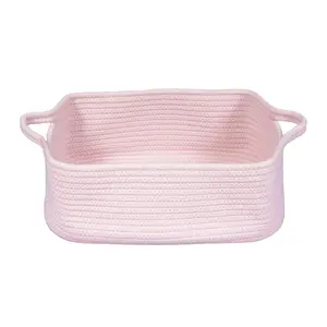 Woven Cotton Rope Storage Basket with Handles for Organizing Shelves Closet Small Cat Dog Pet Toy Baskets Box Bin Decorative Rectangle Baby Nursery basket Gift Basket Empty Light pink