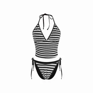 Cider V-neck Stripe Knotted Tankini Bikini Set