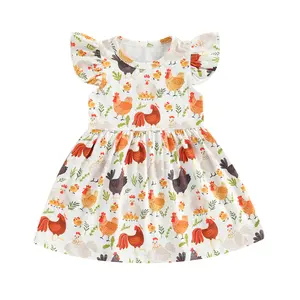 Toddler Baby Girl Summer Dress Chicken Print  Ruffle Sleeve A-line Dress Farm Animal Outfit