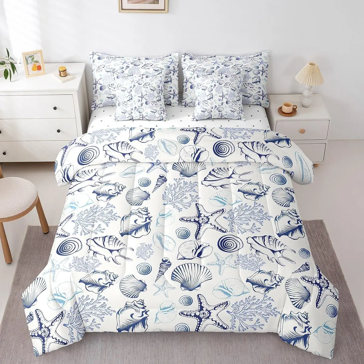 7 Pieces Coastal Comforter Set,Beach Seashell Starfish Coral Bedding Set,Sea Ocean Theme Adult Bedroom Decor,Navy Sketch Nautical Down Comforter,Fitted Sheet,Flat Sheet,2 Pillowcases